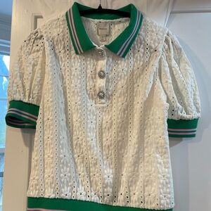 Bonpoint White Eyelet Polo with Green and Pink Accents
